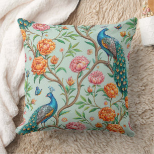 Coussin Fleurs de chant Oiseaux Botanique Fond Menthe