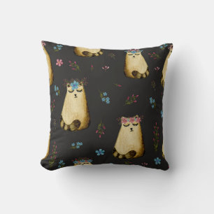 Coussin Fleurs de chats mignons Motif d'aquarelle