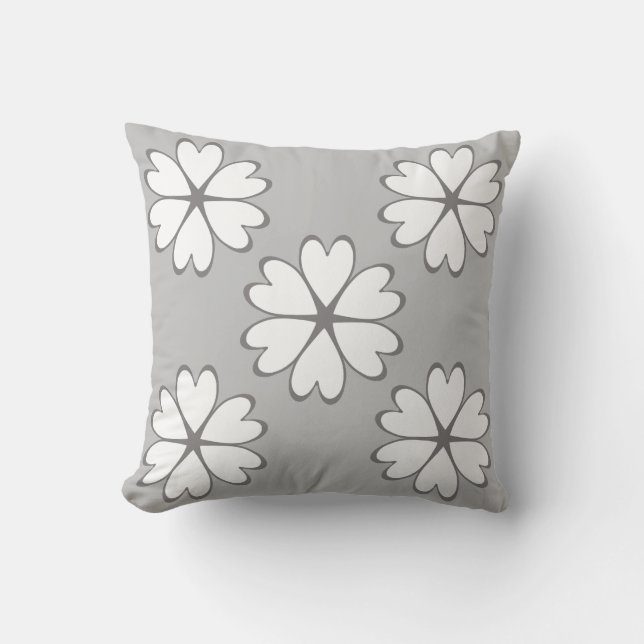 Coussin Fleurs de cœur élégantes grises et blanches (Recto)