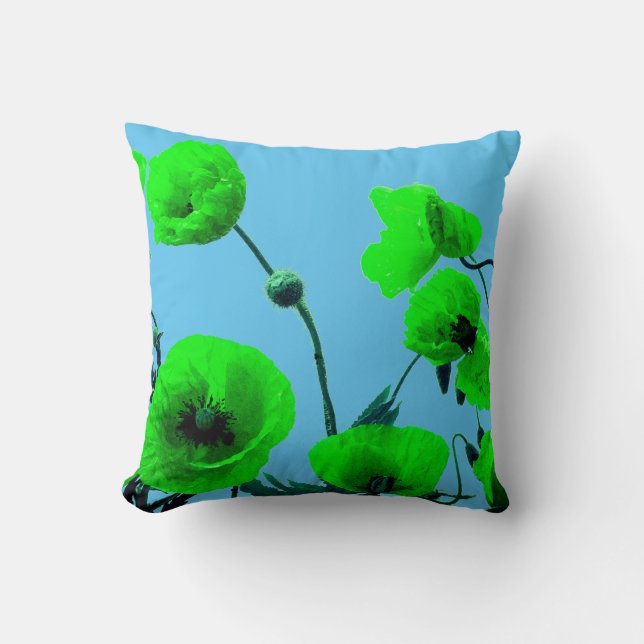 Coussin Fleurs de coquelicot bleu vert floral (Recto)