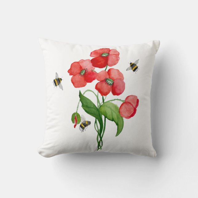 Coussin Fleurs de coquelicot écarlate d'aquarelle et bourd (Recto)