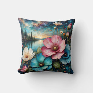 Coussin Fleurs de Cosmos rouges blanches et bleues, Paysag