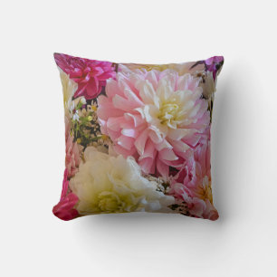Coussin Fleurs de dahlia rose et blanc