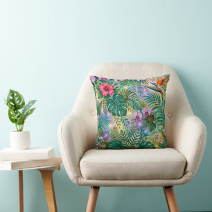 Coussin Fleurs de Fantaisie Jungle Violet Vert Or Rêveur