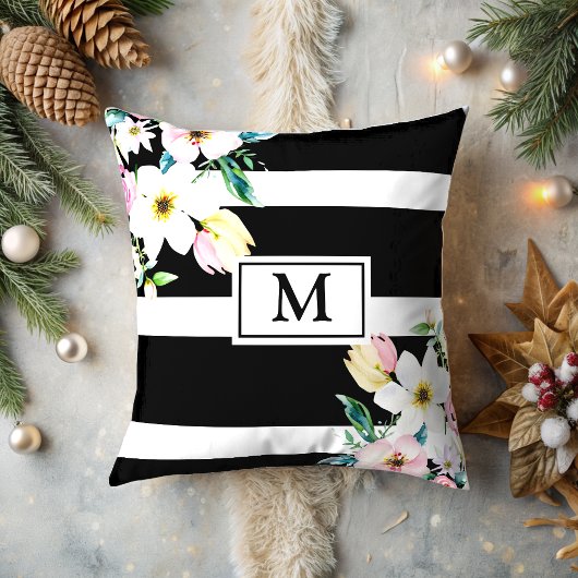 Coussin Fleurs de fille Monogramme noir blanc rayé