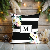 Coussin Fleurs de fille Monogramme noir blanc rayé