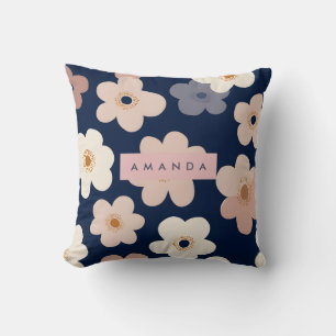 Coussin Fleurs de floraison rétro personnalisées bleu mari