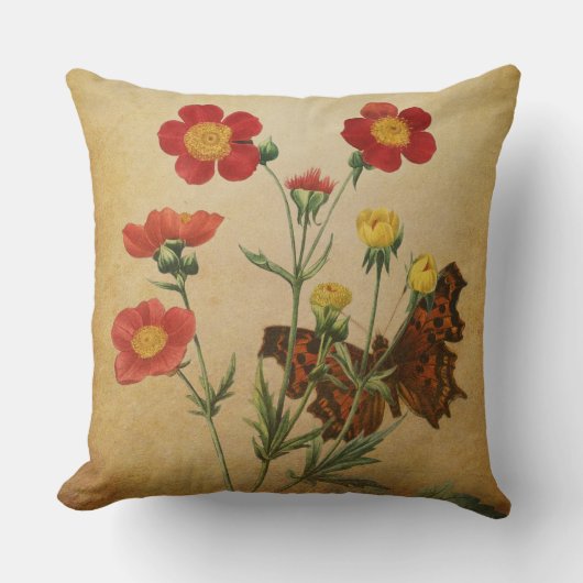 Coussin Fleurs de Geum rouges & papillon (Recto)