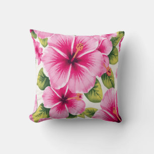 Coussin Fleurs de Hibiscus Rose – Élégance Tropicale Blanc