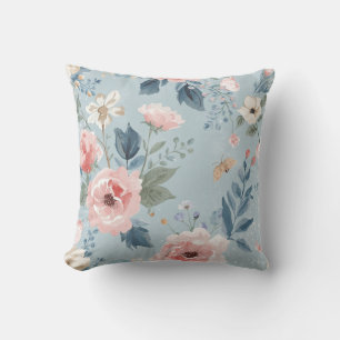 Coussin Fleurs de jardin aquarelle bleu poussiéreux roses