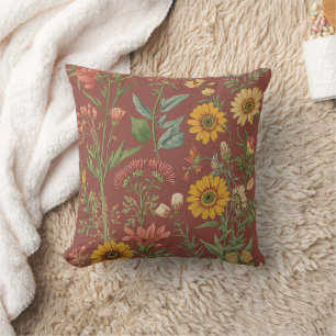 Coussin Fleurs de jardin sur fond Brun Ocre