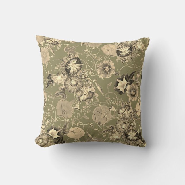 Coussin Fleurs de liseron beige sur fond vert olive (Recto)
