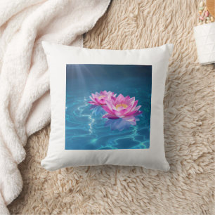 Coussin Fleurs de Lotus rose flottant sur l'eau bleu crist