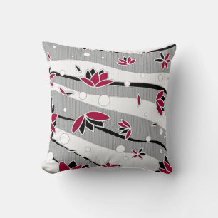 Coussin Fleurs de lotus rouges sur bandes grises
