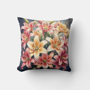 Coussin Fleurs de lys vibrantes rose orange blanc aquarell