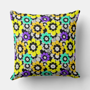 Coussin Fleurs de marguerite colorées Jaune Turquoise Viol