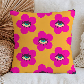 Coussin Fleurs de marguerite d'œil mauvais fuchsia sur jau