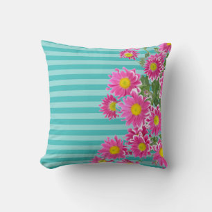 Coussin Fleurs de marguerite rose fraîche sur bandes Turqu