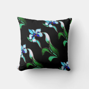 Coussin Fleurs de néon bleu vert sur noir
