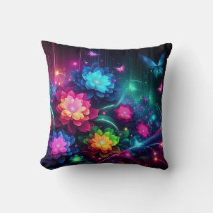 Coussin Fleurs de néon brillantes et colorées/papillons