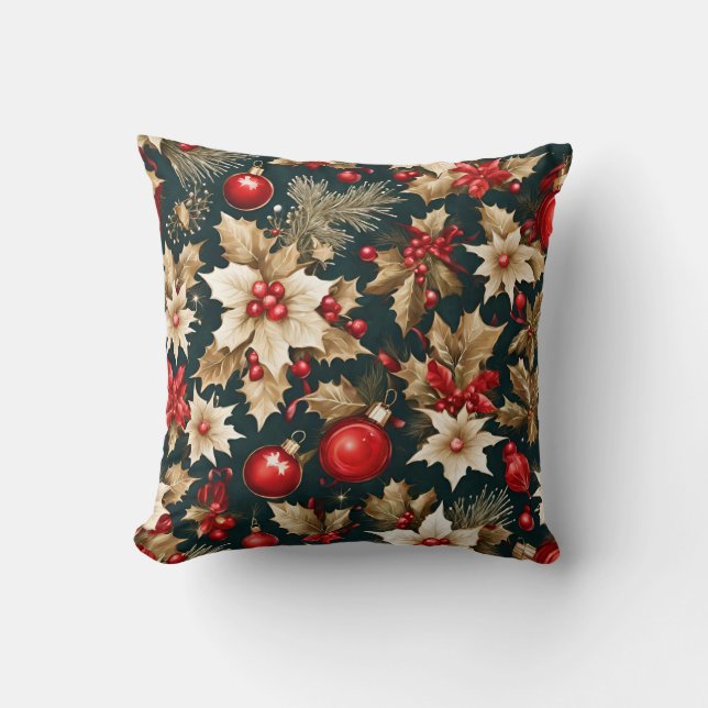 Coussin fleurs de Noël en or, baudrier rouge et baies (Recto)