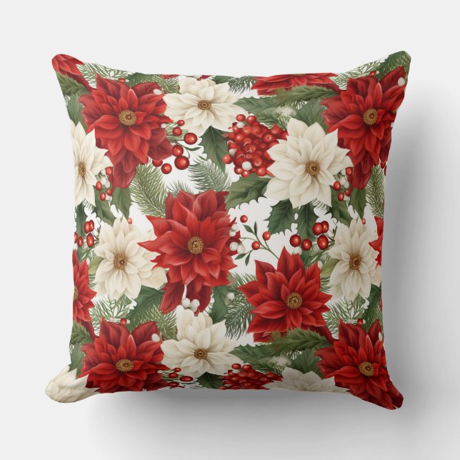 Coussin Fleurs de Noël rouges vintages Feuilles (Recto)