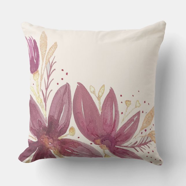 Coussin Fleurs de passion, Aquarelle Bourgogne et or (Recto)