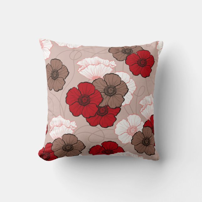 Coussin Fleurs de pavot blanc Brown rouge (Recto)