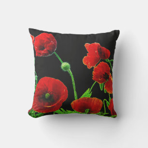 Coussin Fleurs de pavot Floral abstrait coloré Rouge Noir