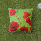 Coussin Fleurs de pavot Rouge Vert Paillettes Artistique A (Herbe)