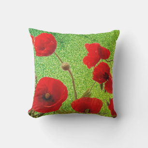 Coussin Fleurs de pavot Rouge Vert Paillettes Artistique A