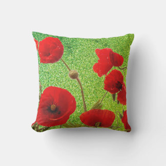 Coussin Fleurs de pavot Rouge Vert Parties scintillant Art