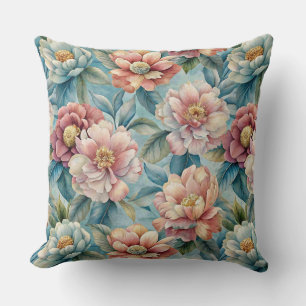 Coussin Fleurs de pêche et de rose Patel bleu vintage flor