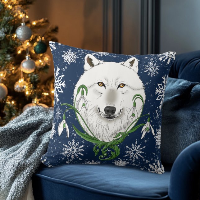 Coussin Fleurs de perce-neige du loup arctique blanc (Créateur téléchargé)