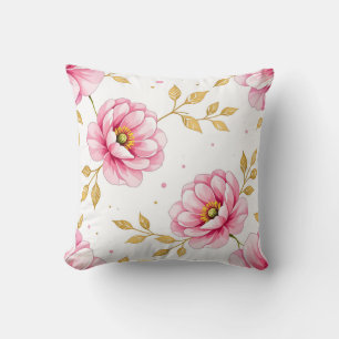 Coussin Fleurs de pivoine roses motif feuilles dorées