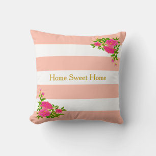 Coussin Fleurs de pivoine sur corail rose & blanc rayé