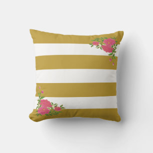 Coussin Fleurs de pivoine sur fond rayé or et blanc