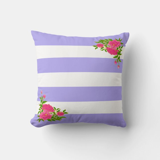 Coussin Fleurs de pivoine sur perwinkle & blanc rayé (Recto)