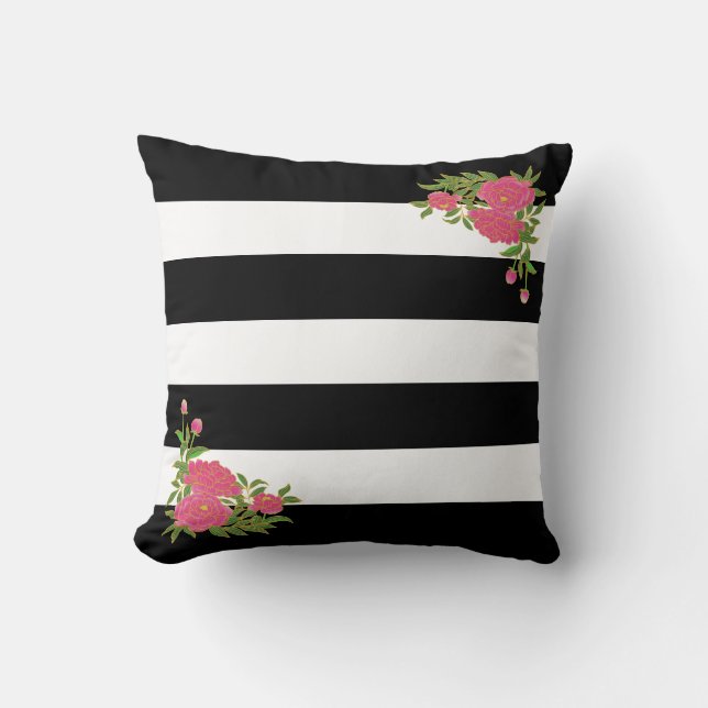 Coussin Fleurs de pivoine sur rayures noir et blanc (Recto)