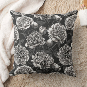 Coussin Fleurs de pivoines blanches sur gris foncé