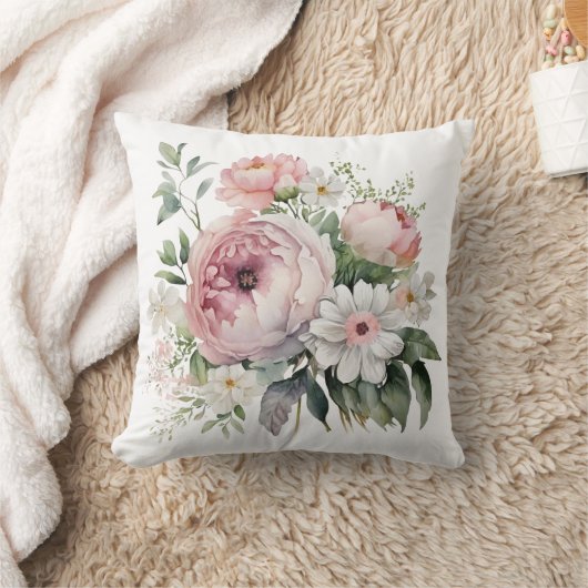 Coussin Fleurs de Pivoines de Verdure Florale Rose Blanc (Couverture)