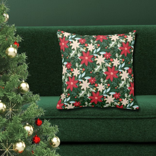 Coussin Fleurs de Poinsettia et Noël Feuille (Créateur téléchargé)