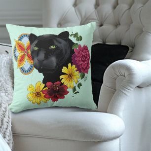 Coussin Fleurs de Portrait Jaguar Noir