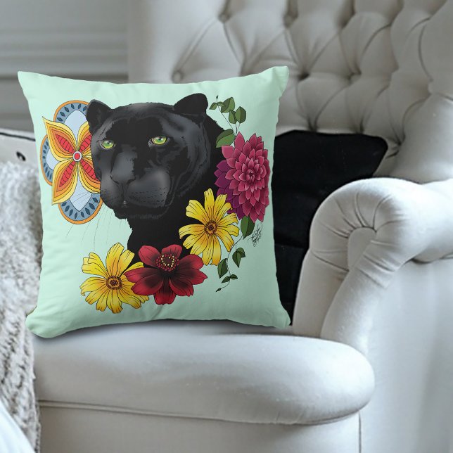 Coussin Fleurs de Portrait Jaguar Noir (Créateur téléchargé)