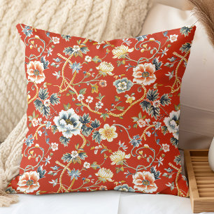 Coussin Fleurs de printemps rouges et jaunes motif chinois