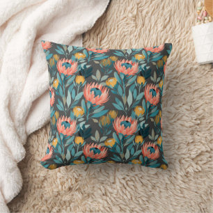 Coussin Fleurs de Protéa Corail Clair et Sarcelle