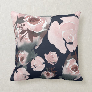 Coussin Fleurs de rose aquarelle rose foncé bleu marine fl