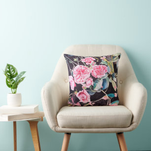 Coussin Fleurs de roseau à l'aquarelle rose peinture flora