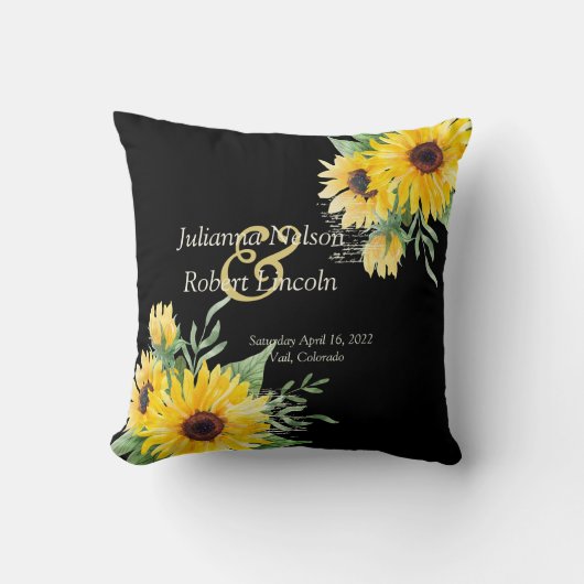 Coussin Fleurs de soleil aquarelle sur mariage noir (Recto)