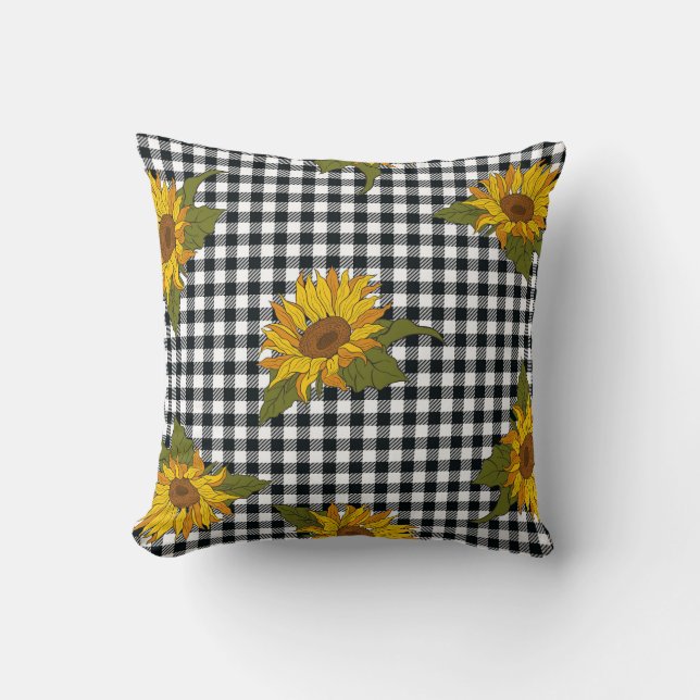 Coussin Fleurs de soleil, chevalet de buffle blanc noir, f (Recto)
